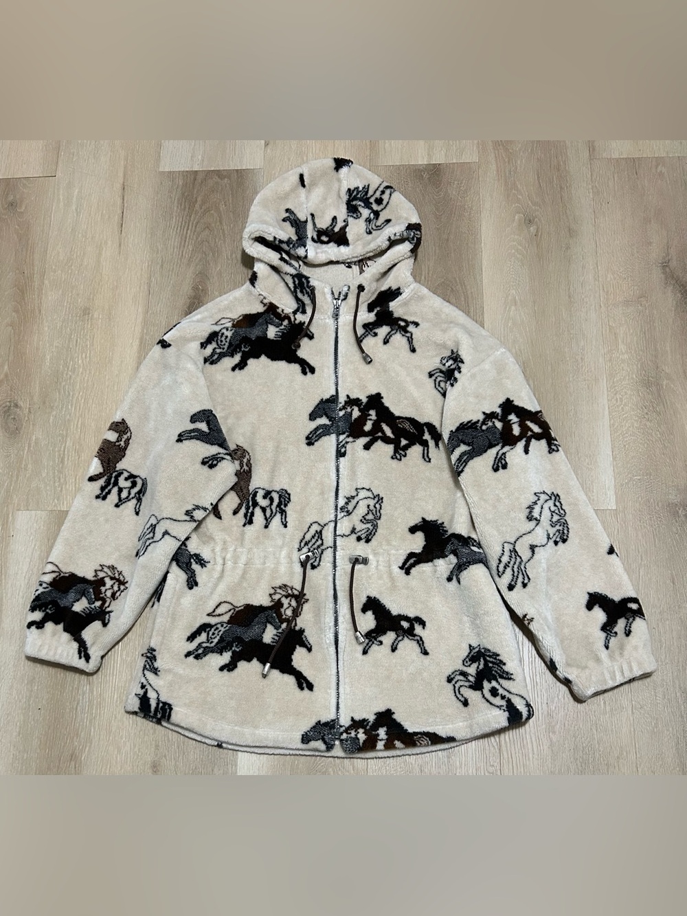 Vintage Tsunami Girls' Hooded Fleece Jacket with Horse Print - Cream